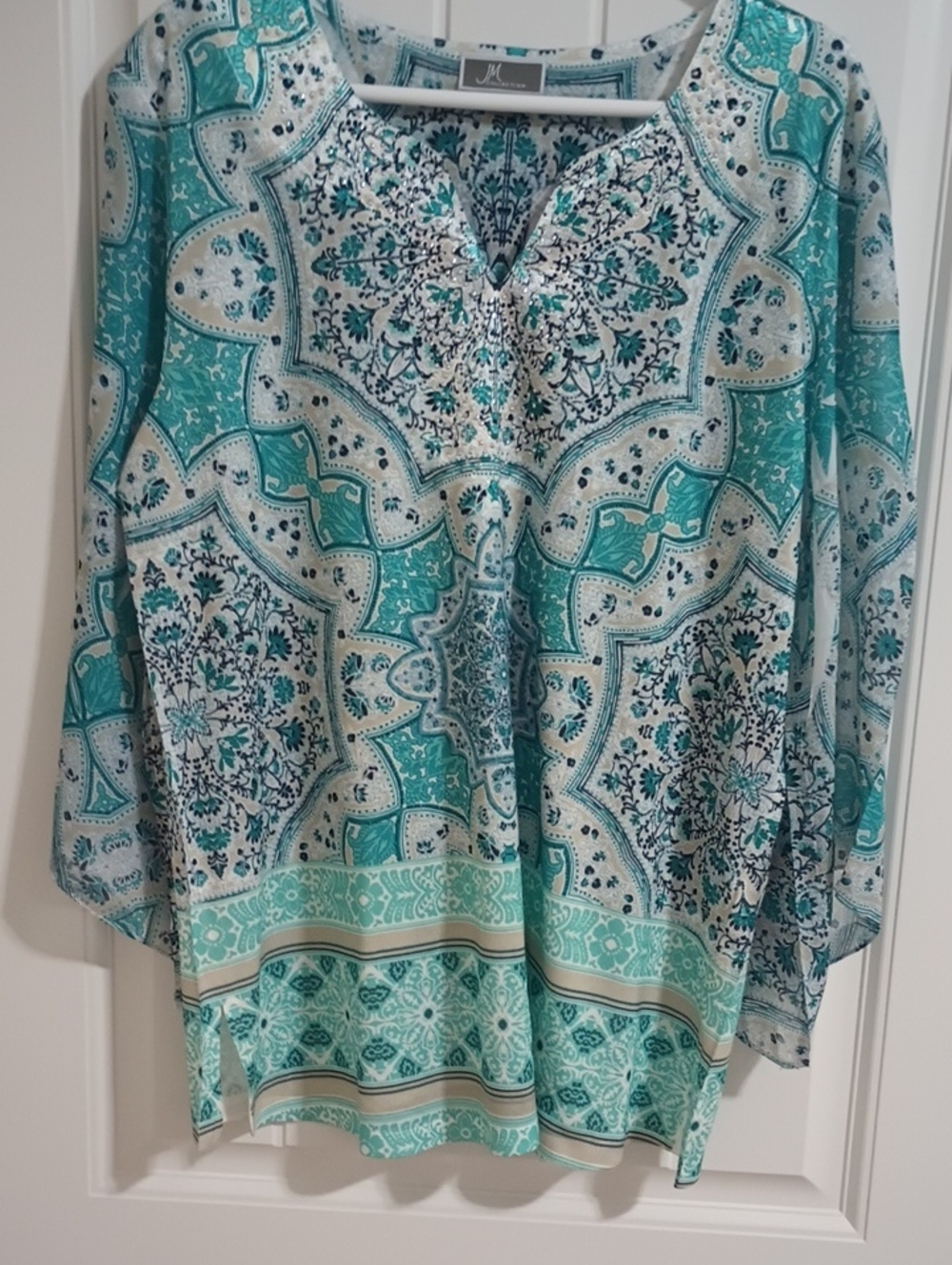 JM Collection Turquoise and White Paisley-Style Tunic with Beaded V-Neck